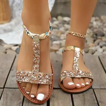 Модные ретро женские сандалии, туфли для вечеринок, пляжные сандалии со стразами для женщин, сказочные сандалии 36 золотой