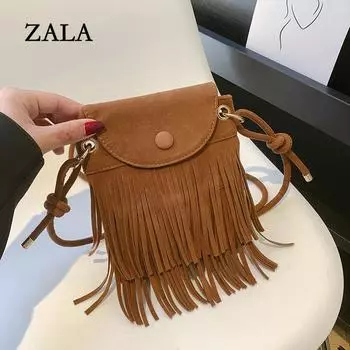Модные ретро женские сумки-мессенджеры из искусственной замши, маленькая сумка с кисточками для женщин, дизайнерская сумка через плечо с клапаном 15x4x17cm коричневый