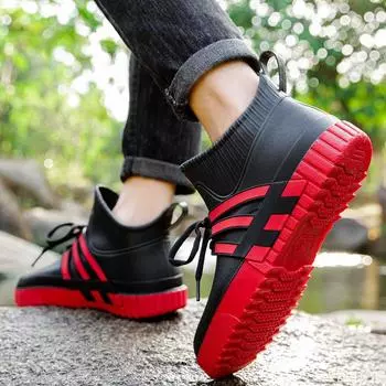 Модные резиновые сапоги без застежек, мужские резиновые сапоги, рыболовные сапоги, короткие резиновые сапоги, мужские садовые сапоги, водонепроницаемая обувь для влюбленных, новые резиновые сапоги 2024 года 39 чёрный