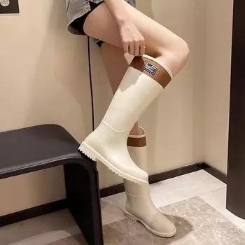 Модные резиновые сапоги до колена для женщин с нескользящей толстой подошвой, легкие, мягкие, непромокаемые, водонепроницаемые туфли для улицы 36 бежевый