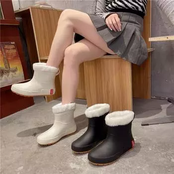 Модные резиновые туфли женские теплые водонепроницаемые резиновые сапоги модные нескользящие ботильоны без застежек 2024 новые водонепроницаемые рабочие короткие ботинки женские 36 бежевый