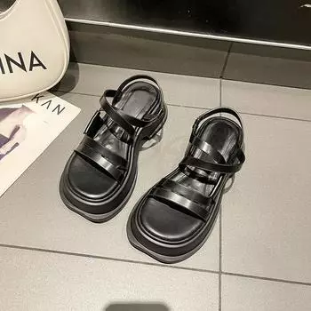 Модные римские сандалии 2024 года, лето, новые, повседневные, универсальные, толстая подошва, простая, повседневная, женская обувь, нескользящая и прочная 35 бежевый