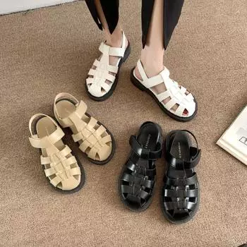 модные римские сандалии Baotou 2024 года, летние толстые повседневные женские туфли с плоским дном, плетеные, с вырезом, ретро, с круглым носком, сандалии De Mujer 35 белый
