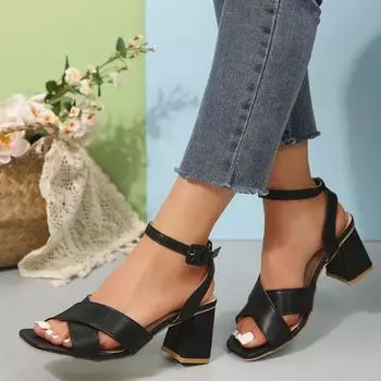 Модные римские женские сандалии 2024 года, новые летние с одной линией ремешка, большие полые толстые каблуки, квадратные каблуки, высокие каблуки, Zapatos De Mujer 35 чёрный