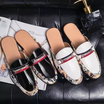 Модные роскошные брендовые мужские дизайнерские сандалии летние повседневные мокасины из лакированной кожи 37~45 мужские полутапочки мюли мужские черные шлепанцы тапочки 40