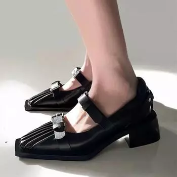Модные роскошные дизайнерские черные кожаные туфли Мэри Джейн для женщин с металлической пряжкой на высоком каблуке для женщин с острым носком и толстыми босоножками на высоком каблуке 35 чёрный