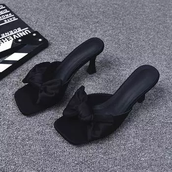 Модные роскошные дизайнерские летние женские тапочки на высоком каблуке, модные элегантные шлепанцы с узлом-бабочкой, женские сексуальные вечерние платья, сандалии, туфли-лодочки Size 35(foot 22.5cm) чёрный