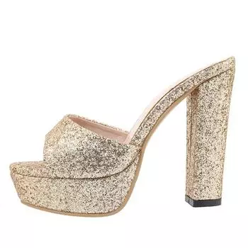 Модные роскошные летние тапочки с блестками, женские туфли на высоком каблуке, шлепанцы на платформе, женские модные золотисто-серебряные туфли-мюли, сандалии для женщин, большие размеры 48 золотой