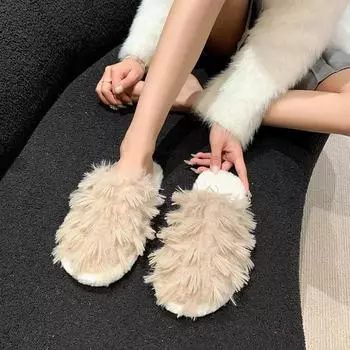 Модные роскошные меховые тапочки женские меховые тапочки с круглым носком женская обувь женские толстые подошвы удивительные полутапочки 2024 новые женские 36-37 бежевый