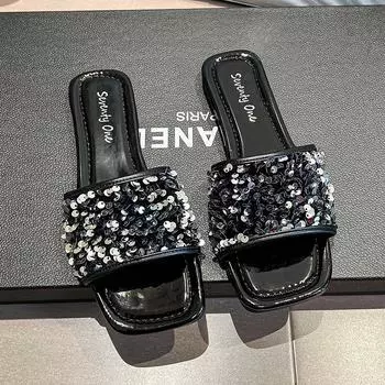 Модные роскошные модные тапочки, женские шлепанцы, летние шлепанцы на плоской платформе, уличные пляжные шлепанцы, нескользящие мягкие толстые подошвы, Zapatos Mujer Slides 35 чёрный