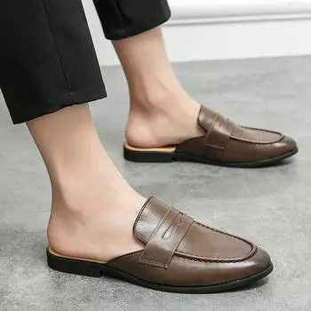 Модные роскошные мюли с открытой спиной, мужская обувь, кожаные полуботинки для мужчин, мокасины, тапочки, мужская повседневная обувь, ручная работа, мужские шлепанцы 38 чёрный