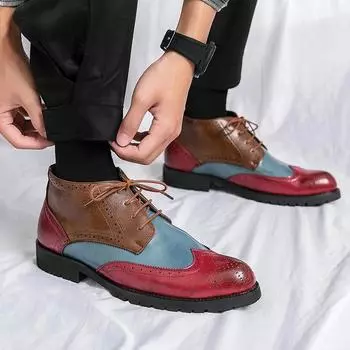 Модные роскошные мужские туфли на шнуровке, модные оксфорды, обувь для улицы, осенние дизайнерские мотоциклетные ботинки для мужчин, кожаные ботинки-броги для мужчин 6.5 красный