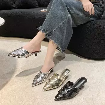 модные роскошные плетеные туфли-мюли на низком каблуке, женские летние сандалии с острым носком, элегантные вечерние туфли-лодочки для вечеринок 35 чёрный