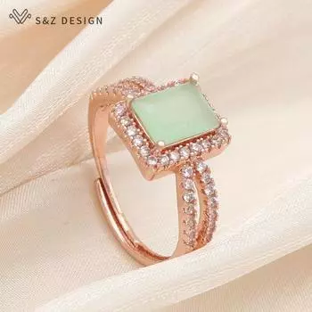 Модные Роскошные Прямоугольные Кристаллические Кольца Изменяемого Размера Для Женщин Свадебная Вечеринка Мода Цвет Розового Золота Цирконий Ювелирные Изделия Подарок