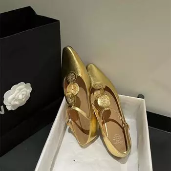 Модные роскошные римские туфли женские элегантные туфли на плоской подошве лето 2024 года с острым носком ретро-обувь дизайнерское платье прогулочные туфли на плоской подошве 35 золотой