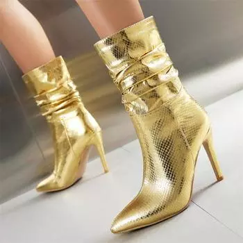 Модные роскошные сапоги до середины икры женские осень 2024 короткие сапоги с острым носком сексуальные высокие каблуки золотые серебряные синие розовые туфли для танцевальной вечеринки женские 34 золотой