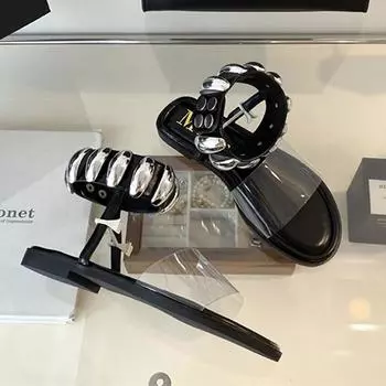 Модные роскошные серебряные металлические украшения плоские сандалии женские летние модные прозрачные ПВХ дизайн квадратный каблук мягкая подошва уличные тапочки 35