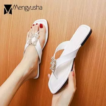 Модные роскошные шлепанцы со стразами и пряжкой, женские туфли на плоской подошве, туфли на каблуке, летние тапочки с вырезами, домашние женские сандалии с застежкой-молнией 5 белый
