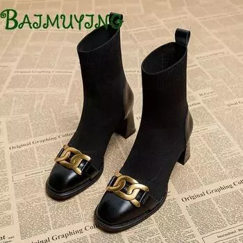 Модные роскошные туфли на высоком каблуке с цепочкой, женские вязаные ботильоны, зимние носки, меховые зимние ботинки 2024 года, модные короткие плюшевые теплые туфли-лодочки на толстой подошве 35