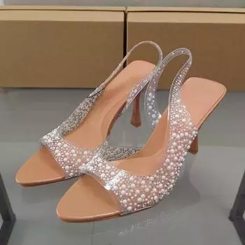 Модные роскошные женские босоножки на высоком каблуке с жемчугом, дизайнерские элегантные туфли с открытым носком для свадьбы 2024 года, летняя обувь на шпильках 36 бежевый