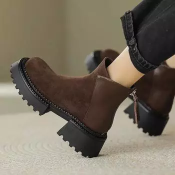 Модные роскошные женские ботильоны из искусственной замши 2025 года, осень-зима, ботинки на толстом каблуке и платформе, с застежкой-молнией сзади, ботинки челси для женщин 35 коричневый