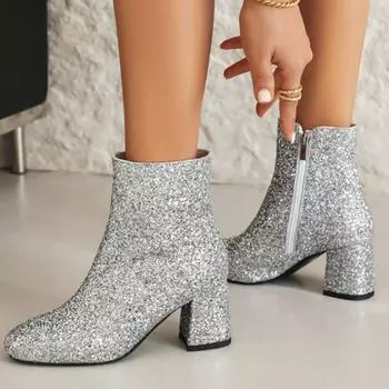 Модные роскошные женские ботильоны золотистого, серебристого, черного цвета, короткие ботинки на молнии, на низком каблуке, для танцевальной вечеринки, зимняя обувь для женщин, большой размер 45, бренд 34 чёрный