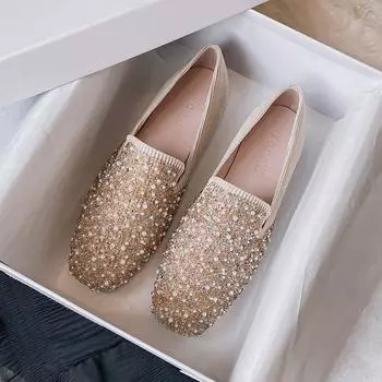Модные роскошные женские мокасины с жемчужными заклепками, блестящие балетки с квадратным носком, мягкие складные балетки, женские блестящие мокасины без застежек, размер плюс 43 4.5 абрикосовый
