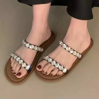 Модные роскошные женские сандалии со стразами на плоской подошве, мягкие и удобные женские тапочки, летняя новинка 2024 года, нескользящая женская обувь для вечеринок 35 чёрный