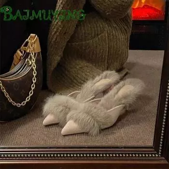 Модные роскошные женские тапочки из меха с острым носком, мюли, сексуальные туфли на тонком высоком каблуке для вечеринок, зимние меховые теплые шлепанцы из замши, туфли-лодочки Botas Mujer 34 абрикосовый