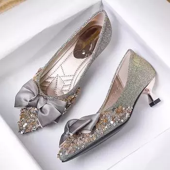 Модные роскошные женские туфли-лодочки с блестящим бантом, сексуальные туфли с острым носком и тонким низким каблуком для женщин, осенние элегантные туфли Мэри Джейн на каблуках 35 золотой