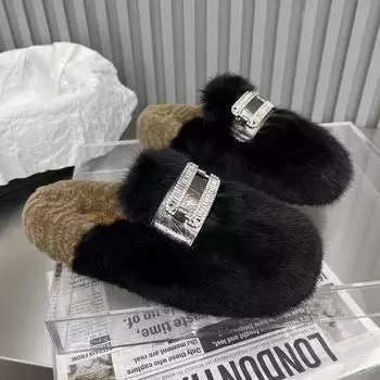 Модные роскошные женские туфли на плоской подошве с мехом, замшевые тапочки на платформе, брендовые зимние туфли из плюша и хлопка 2025 года, трендовые удобные теплые повседневные туфли Zapatos Mujer 35 чёрный