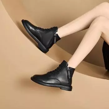 Модные роскошные женские винтажные ботинки осень-зима новые из натуральной кожи корейские короткие ботинки на молнии модная повседневная обувь на плоской подошве 35 чёрный