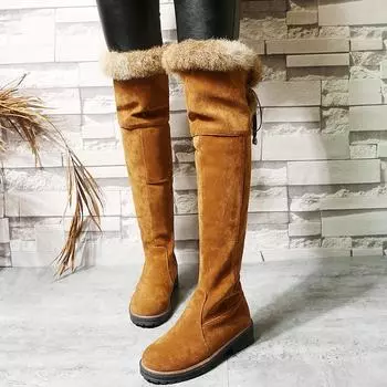 Модные российские сапоги Plarform из мягкой искусственной кожи с мехом, модные сапоги выше колена, женские теплые плюшевые сапоги с круглым носком, зимние сапоги для снега 34 чёрный