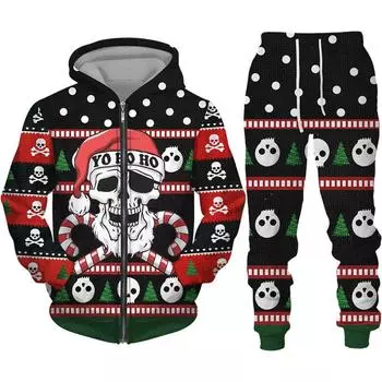 Модные рождественские мужские толстовки с принтом черепа на молнии/брюки/комплект, тонкая куртка с капюшоном с узором, костюм для пары, уличная одежда S белый