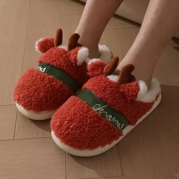 Модные рождественские тапочки из хлопка с изображением лося, женские нескользящие теплые домашние тапочки из хлопка, домашние тапочки с мягкой подошвой и утолщенным бархатным мехом, женские 36-37 красный