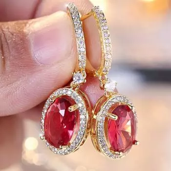 Модные розово-красные овальные серьги-подвески с цирконием для женщин, очаровательные роскошные свадебные украшения золотого цвета золотой/розы красного