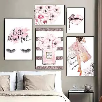 Модные розовые цветочные духи для ресниц, губ, макияжа, постера, печати, холста, картины для комнаты девушки, настенного искусства, декора салона красоты 21x30cm No Framed