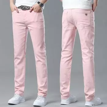Модные розовые джинсы мужские эластичные маленькие прямые брюки весна и лето новые узкие длинные брюки молодежные мужские 28 розовый