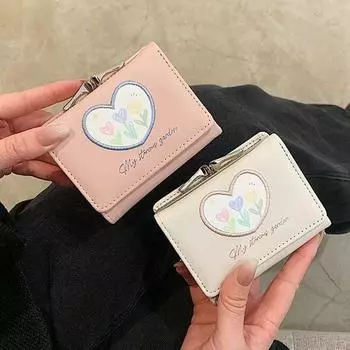 Модные розовые милые кошельки для женщин с цветочным принтом, модные корейские популярные маленькие милые кошельки для карт, кожаный элегантный женский кошелек для монет чёрный