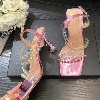 Модные розовые сандалии с ремешком на щиколотке, необычные вечерние свадебные сандалии со стразами на высоком каблуке для женщин, прозрачные туфли из ПВХ с квадратным носком 35 розовый