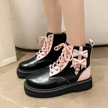 Модные розовые сапоги для девочек Kawaii 2024 года, новые женские сапоги с бабочкой и узлом, высокие байкерские ботинки на шнуровке, модные туфли на платформе для студентов 35 розовый
