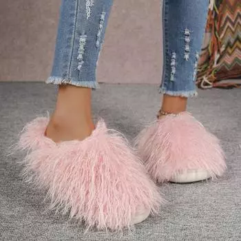 Модные розовые туфли из искусственного меха для женщин зимой. Пушистые плюшевые тапочки для женщин. Теплая и утолщенная домашняя хлопковая обувь зимой. 36-37 чёрный