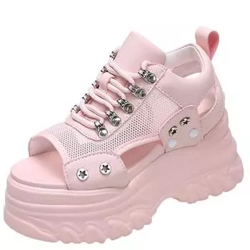 модные розовые туфли на высоком каблуке 8 см женские летние босоножки на платформе дышащие танкетки женские пляжные тапочки из сетки массивные римские туфли сандалии женские 34 жёлтый