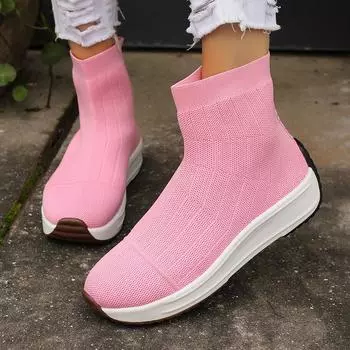 Модные розовые вязаные ботильоны на толстой подошве, женские нескользящие короткие ботинки на платформе, женские повседневные туфли Slip-On Vulcanize 2024 года 36 чёрный