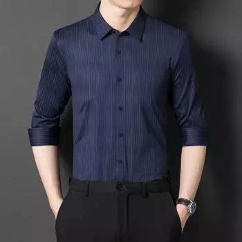 Модные рубашки для мужчин, одежда в полоску с отложным воротником, деловые рабочие рубашки, весенне-осенняя одежда с длинными рукавами XXXXXL синий