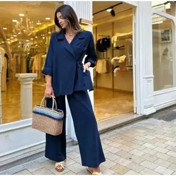 Модные рубашки на шнуровке с высокой талией, широкие брюки, комплект для женщин, летние весенние повседневные комплекты, женские шикарные уличные наряды L белый