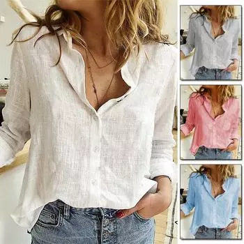 Модные рубашки с длинным рукавом, льняная женская одежда, блузки, однотонные свободные топы S серый