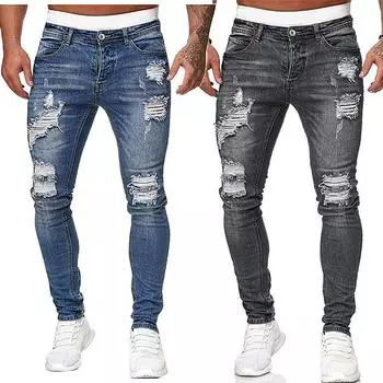 Модные рваные узкие джинсы в уличном стиле, мужские винтажные однотонные джинсовые брюки, мужские повседневные облегающие джинсовые брюки-карандаш S синий