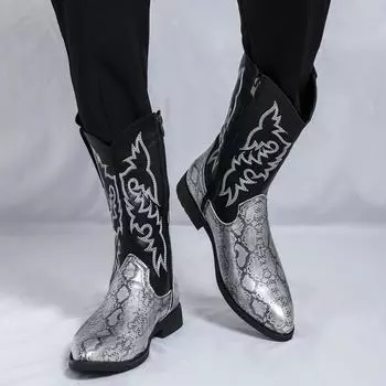 Модные рыцарские остроносые кожаные сапоги Модные стили вышивки Уличные прогулки на мотоцикле Повседневные модные вечерние туфли для взрослых 38 чёрный