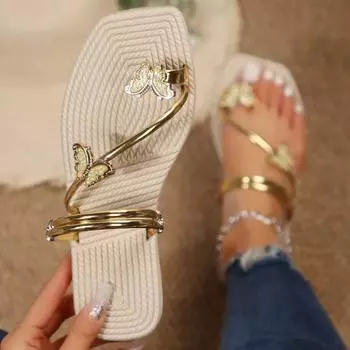 Модные сандалии-бабочки с защипнутым носком и металлическим ремешком, летние новые праздничные пляжные сандалии для женщин, тренд 2024 года 42EU/CN43 чёрный